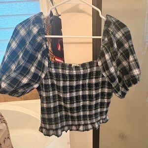 American Eagle Outfitters Plaid Puff Sleeve Crop Top - Black, White, Green